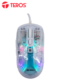 Mouse gamer TEROS TE-1216G, 2 botones, RGB, transparente